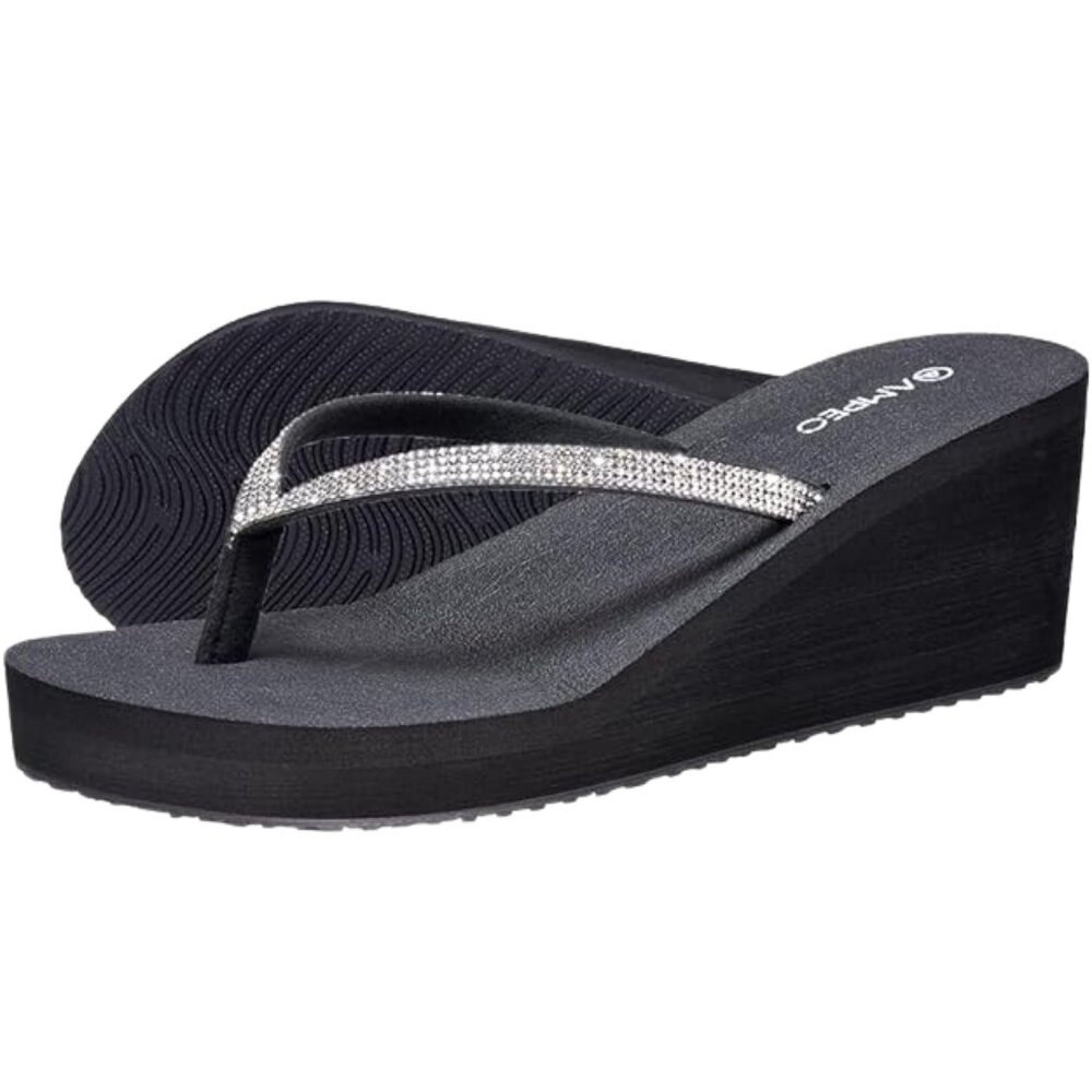 Ampeo  Size 8,  Rhinestone Thong Platform Flip Flops Wedge Sandals